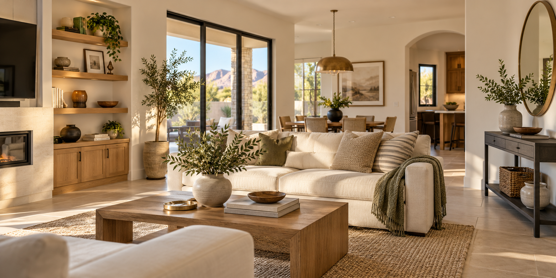 Illustrative view of a welcoming home with oak shelves and warm natural light